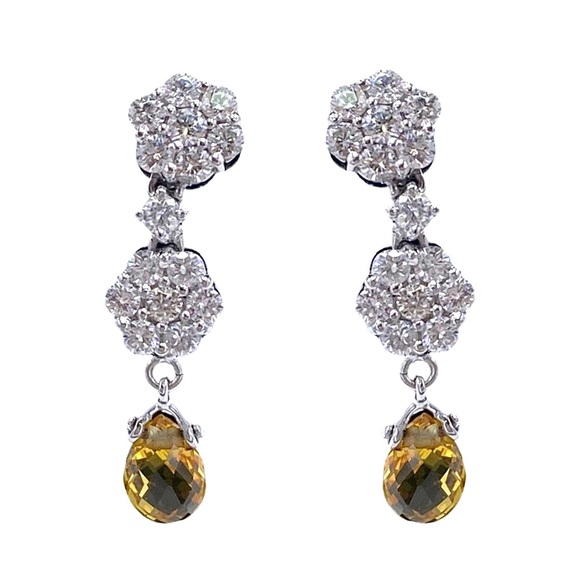 18K 2.4CT VVS / F NATURAL DIAMOND DESIGNER WHITE GOLD DANGLE CITRINE EARRINGS - Picture 2 of 3
